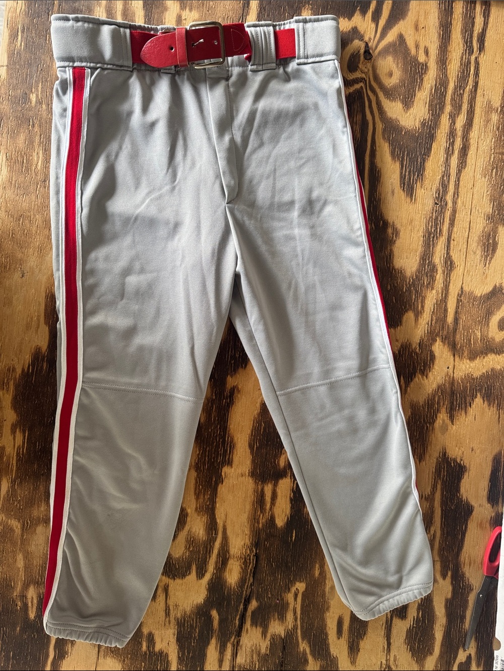 Majestic Gray Baseball Pants with Red Stripe and Red Belt